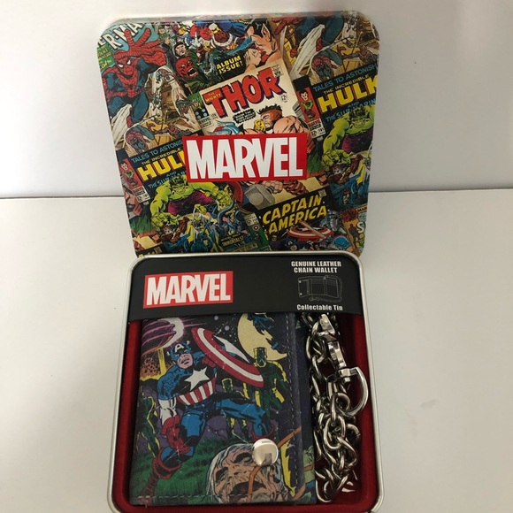 Marvel Genuine Leather Chain Wallet In Tin NWT - Picture 3 of 8
